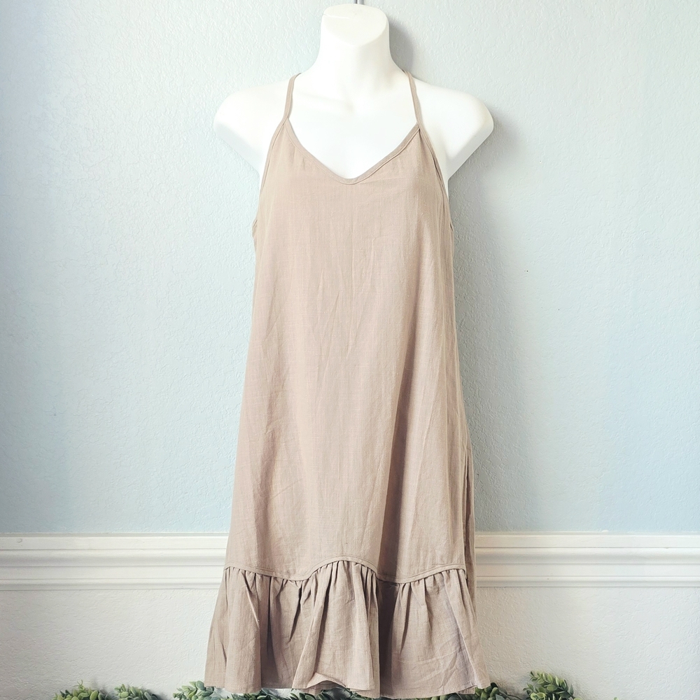 Pretty Linen Like Tan Ruffle Hem Dress | Size Med